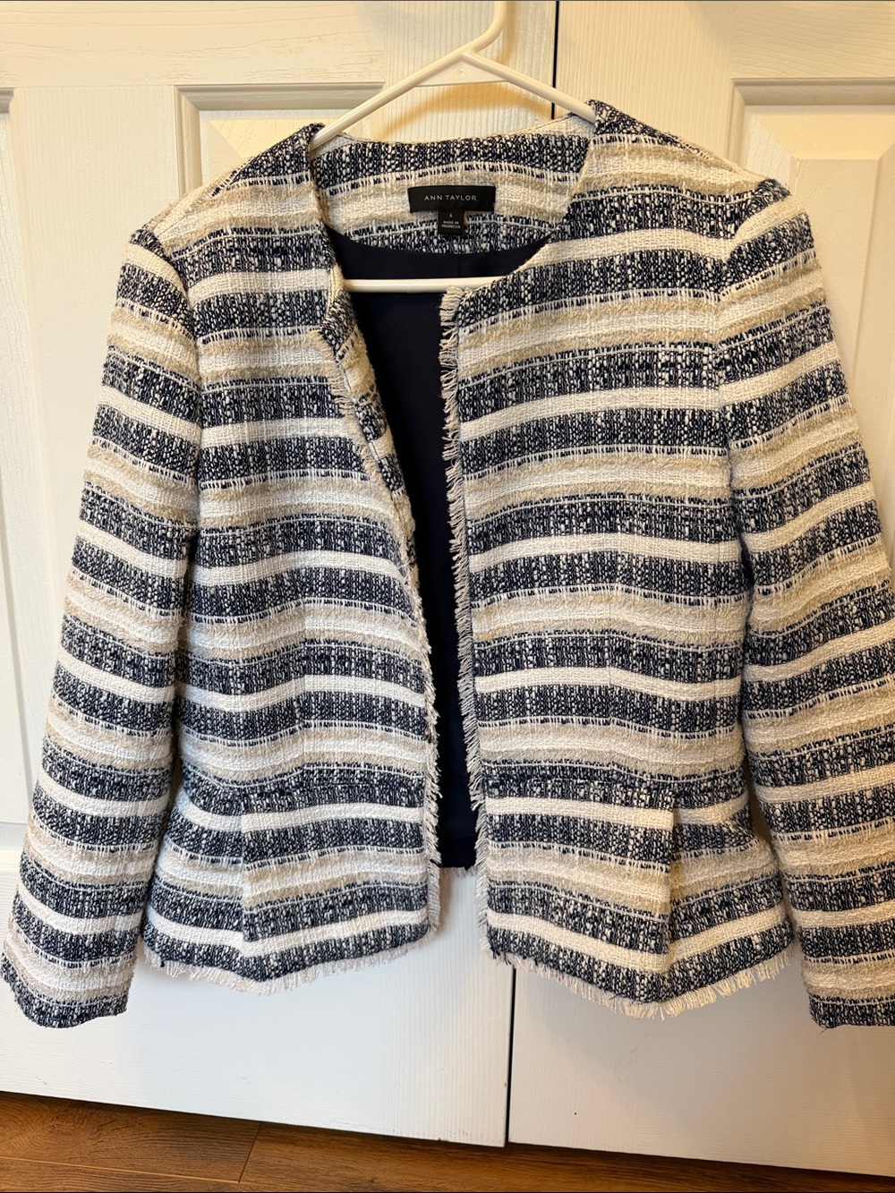 Ann Taylor Navy and Cream Striped Tweed Blazer